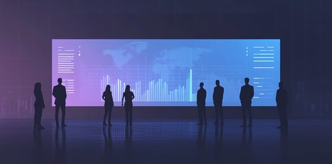 Poster - Silhouettes of businesspeople standing in front of a large screen displaying charts and a world map.