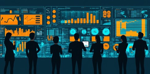 Poster - Silhouettes of business people standing in front of a large screen with data and graphs.