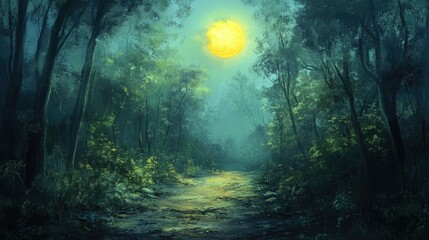 Moonlit pathway through dense forest