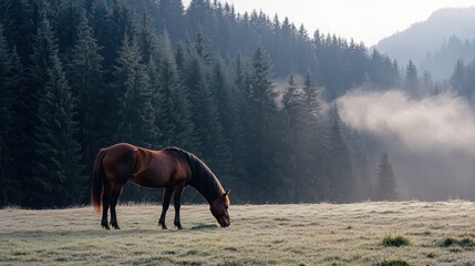 Serene horse grazing in misty morning clearing