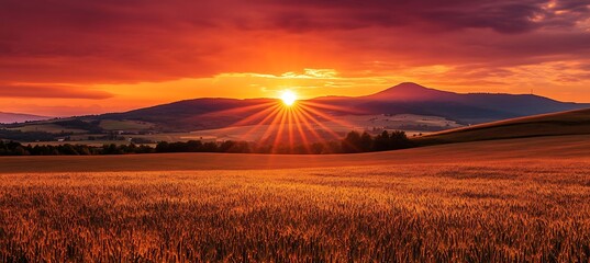 A warm, glowing sunset over a field with a large area for text