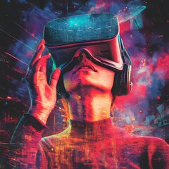 Sticker - A woman wearing a VR headset with a futuristic background.