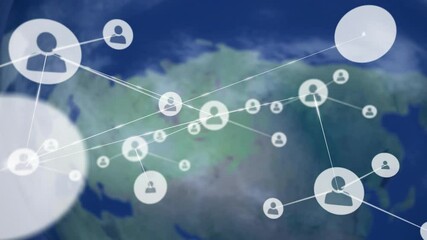 Aufkleber - Animation of network of connections with icons over globe on black background