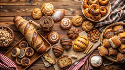 Poster - Top view of assorted homemade bakery delights on a wooden table in a cozy kitchen