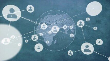 Aufkleber - Animation of network of connections with icons over globe on blue background