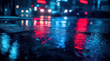 Dark empty scene with wet asphalt reflecting red and blue neon lights, creating a mysterious and moody atmosphere.