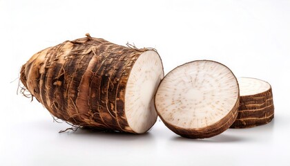 Taro - Colocasia esculenta - is a root vegetable and most widely cultivated species of plants that are used as vegetables for their corms, leaves, stems and petioles. Isolated on white background