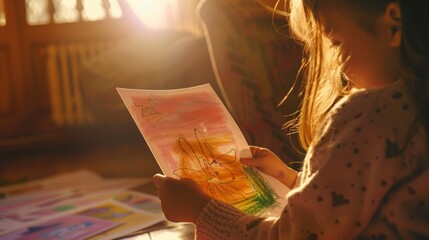 close-up of a young girl's hand holding a colorful drawing, with sunlight streaming through a window and children playing in the background, emphasizing creativity and family time