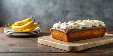 Delicious banana cake with creamy frosting on a table backdrop