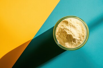 Overhead view of protein powder in glass on colorful background