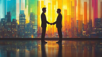 Two businessmen shake hands in front of a cityscape window with colorful bars.