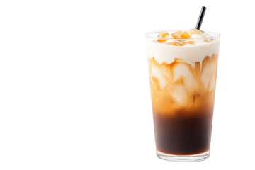 A refreshing iced coffee drink, beautifully layered with cream and caramel, perfect for hot days and coffee lovers.