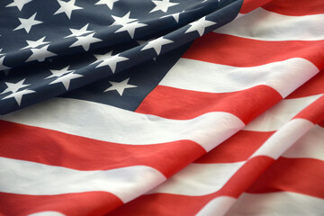 United States of America flag with stars and stripes close up. Official US Banner waving with folds