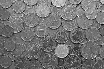 Ukrainian money, exchange coin, white coins of different denomination in random order.