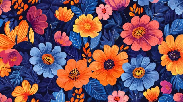 A seamless floral pattern with bold, intricate flower details in vibrant hues, ideal for textile and wallpaper projects