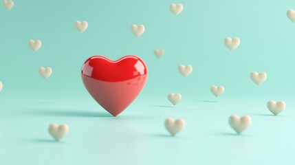 A single red 3D social media heart icon standing out against a pastel green background, surrounded by neutral icons, representing the concept of uniqueness and standing out.