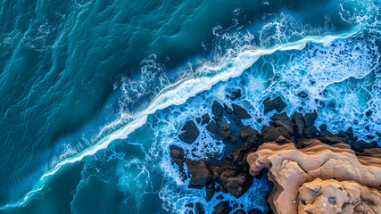 Canvas Print - Beautiful aerial view of coast line. Relaxing waves foam and splash over rocks on sandy shore. Top drone view beach landscape, tranquil peaceful nature background. Coastal wallpaper, inspire. AI gen