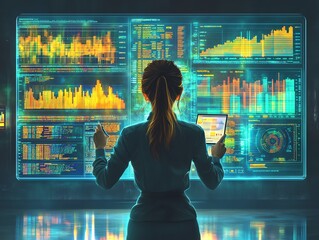 Poster - Woman reviewing financial data on a large screen.