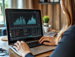 Poster - Woman working on laptop with stock market data.