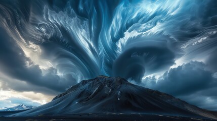 Wall Mural - A stormy afternoon with dynamic, swirling clouds converging above a black mountain peak, the atmosphere charged with energy.