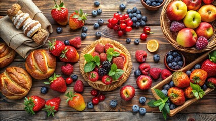 Wall Mural - Assorted fresh fruits, berries, and baked goods arranged on a rustic wooden table for a healthy eating concept