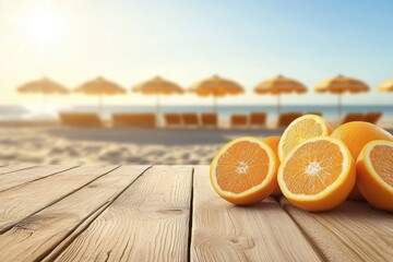 Summer beach morning with fresh oranges on wooden table