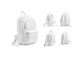 blank white backpack with zipper and strap mockup, different views