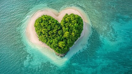 Sticker - Aerial view of a heart shaped island with lush green trees and white sand beach.