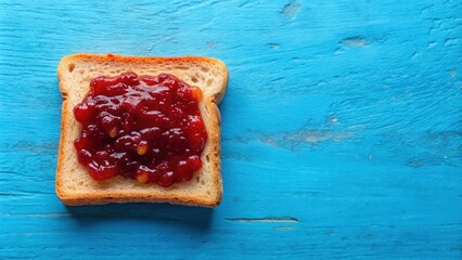 Wall Mural - Delicious slice of bread with sweet jam on blue background, perfect for breakfast or snack