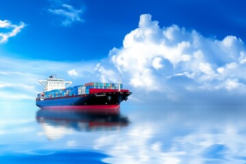 Cargo ship with containers sailing on calm waters under a blue sky with clouds, representing global trade and international logistics.