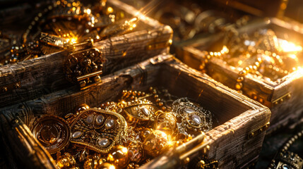 Close-up of wooden boxes full of gold. Expensive jewelry in a box at sunset. Concept of wealth, jewelry.