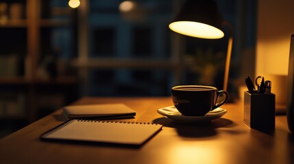 A cup of coffee on a table with a minimalist lamp and a notepad, suggesting an evening business work session. No logo, no people.