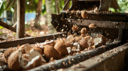 Fresh Coconuts Being Processed in Machine