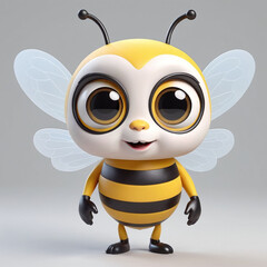 Cute adorable 3D render bee cartoon. Sweet adorable smiling baby bee big eyes. Isolated on grey background