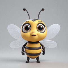 Cute adorable 3D render bee cartoon. Sweet adorable smiling baby bee big eyes. Isolated on grey background