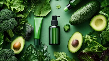 Wall Mural - A vibrant collection of green produce and skincare products. Avocados, broccoli, and leafy greens surround stylish bottles. Perfect for beauty and health themes. AI