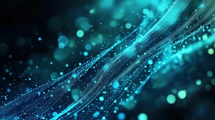 Aufkleber - Futuristic abstract banner featuring glowing blue digital dots on a dark green gradient background, with a close-up view of binary code patterns on a curved surface. The Nordic-style cityscape with a 