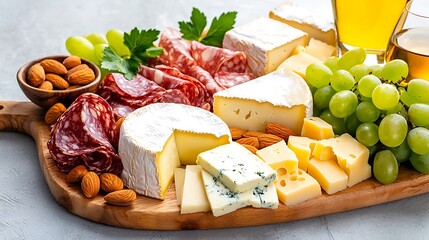 Wall Mural - A gourmet platter featuring cheese, salami, grapes, and crunchy almonds.