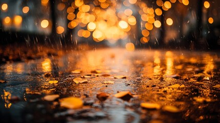 Autumn Rain with Bokeh Lights and Fallen Leaves