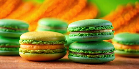 Aufkleber - Close up of colorful St. Patrick's Day themed macaroons on an orange and green background in Dublin with copy space for text