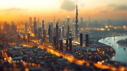 Poster - Aerial view of a modern city skyline with tall buildings at sunset.