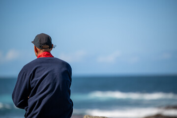 Poster - Rear view of man sitting and watching the ocean