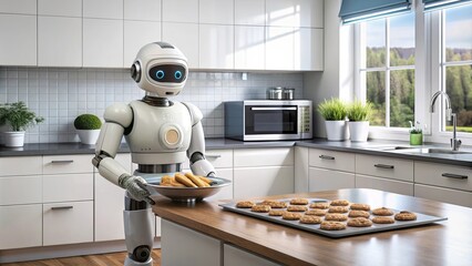 Cute robot assistant baking delicious cookies in a modern kitchen