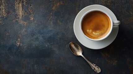 Wall Mural - Flat lay of a cup of coffee with a silver spoon resting beside it on a dark table, for an elegant touch. No logo, no people.