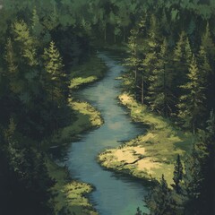 Sticker - Aerial view of a winding river through a lush green forest.