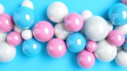 Poster - Numerous glossy spheres in shades of pink, blue, and white are arranged artistically against a turquoise backdrop, creating a cheerful and playful visual effect that is captivating
