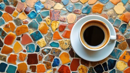 Wall Mural - Flat lay of coffee on a ceramic tiled table, with colorful mosaic patterns adding vibrancy. No logo, no people.