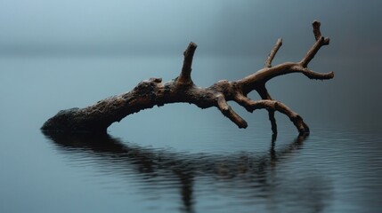 A natural branch rests on the surface of still water, surrounded by an ethereal mist that creates a serene and quiet atmosphere at dawn