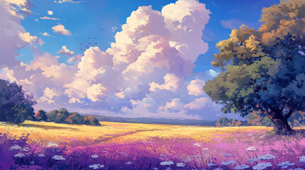 Vibrant landscape featuring a colorful field under a bright sky with fluffy clouds and a solitary tree in the distance.