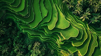 Poster - Aerial view of lush green rice terraces with palm trees surrounding.